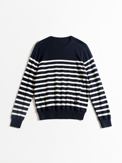 Reversible Sailor Stripe Knitted Crew-Neck Sweater in Dark Navy - Applied Zcience
